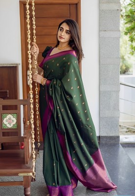 Vintro Woven Banarasi Cotton Silk Saree(Dark Green)