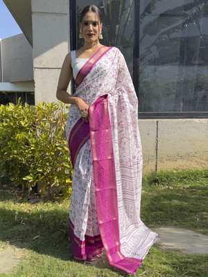Divastri Printed Bollywood Silk Blend Saree(White)