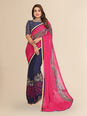 Anand Sarees Paisley, Floral Print Daily Wear Georgette Saree(Pink, Dark Blue)