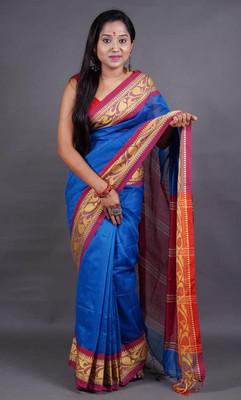 ANU INDIAN FASHION Woven, Temple Border Handloom Cotton Silk Saree(Light Blue)