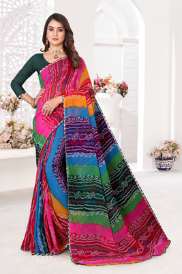 Ananta Akshram Striped, Temple Border, Color Block Bandhani Georgette Saree(Multicolor)