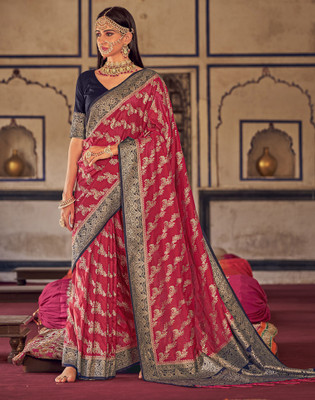 Satrani Woven, Self Design, Embellished Banarasi Art Silk Saree(Red, Gold)