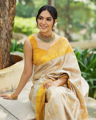 cosfic Woven Kanjivaram Pure Silk Saree(Cream)