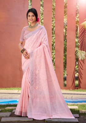 LeeliPeeri Designer Woven Handloom Linen Saree(Pink)
