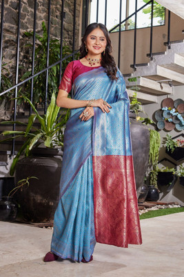 MANJULA SAREE Woven Banarasi Cotton Silk Saree(Blue)