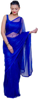 WL BY SHREYA RAJPUT Embellished, Solid/Plain, Self Design Bollywood Net Saree(Dark Blue, Blue)