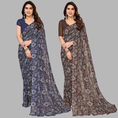 Anand Sarees Printed Daily Wear Georgette Saree(Pack of 2, Dark Blue, Brown)