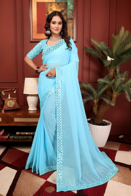 RJTAJ FAB Solid/Plain, Embroidered Bollywood Georgette Saree(Light Blue)