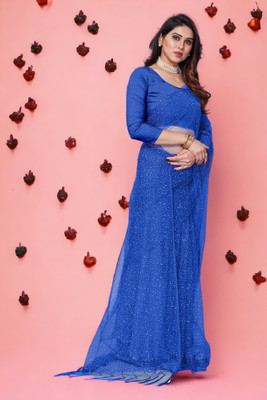 InfiniteFab Embroidered Bollywood Net Saree(Blue)