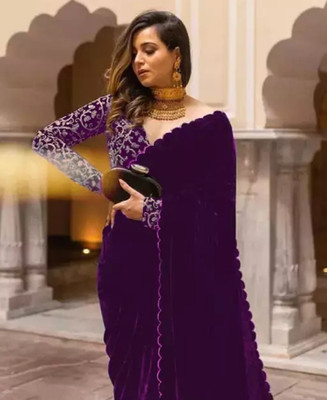 Julee Solid/Plain Bollywood Velvet Saree(Purple)