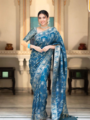 V V FASHION Printed Kanjivaram Pure Silk Saree(Light Blue)