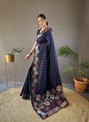 Divastri Printed Banarasi Silk Blend Saree(Dark Blue)