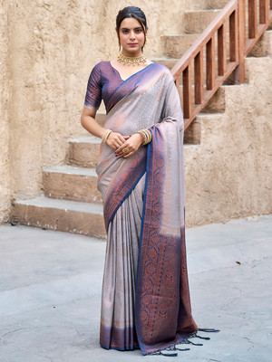 Nayanthara Trends Woven Banarasi Silk Blend Saree(Grey)