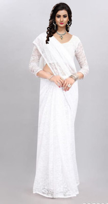 NORAFLEX Embroidered Bollywood Net Saree(White)
