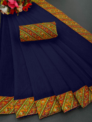 manish Printed Ikkat Chanderi, Cotton Blend Saree(Dark Blue)