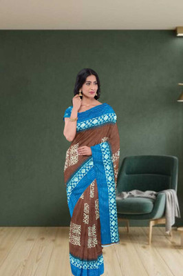 Classy Foriever Printed Ikkat Cotton Blend Saree(Brown)