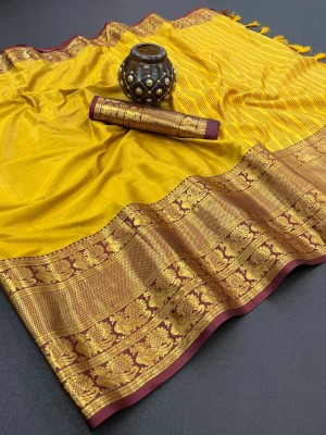 WEYLIN Woven Narayanpet Jacquard, Cotton Silk Saree(Yellow)