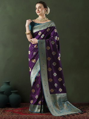 Sangria Woven Banarasi Silk Blend Saree(Purple)