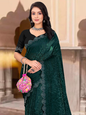 Sinauli Self Design Bollywood Silk Blend, Lycra Blend Saree(Dark Green)