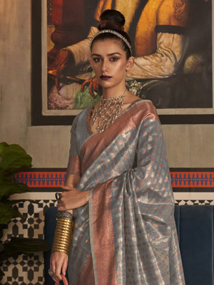 Sareemall Woven Kanjivaram Tissue Saree(Grey)