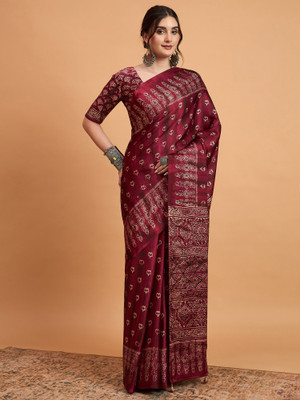 Sareemall Printed Hand Batik Crepe Saree(Magenta)