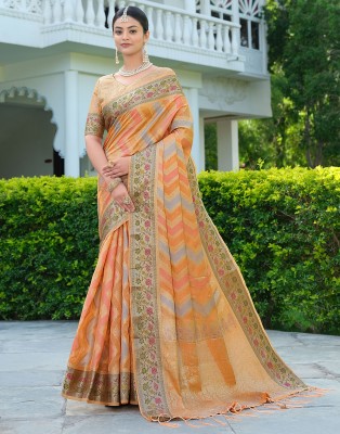 Samah Woven, Embellished, Self Design Ikkat Organza Saree(Orange, Multicolor)