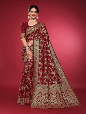 AA AAGIRI Self Design, Woven, Embellished, Applique Banarasi Jacquard, Art Silk Saree(Maroon)