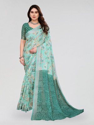 Moda Rapido Floral Print Bollywood Cotton Blend, Linen Saree(Green)