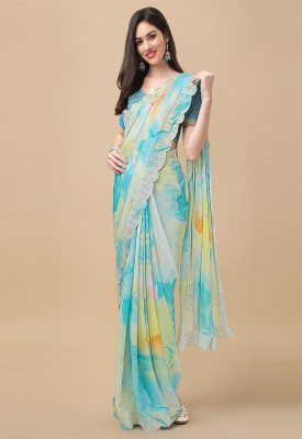 Divastri Digital Print Bollywood Chiffon Saree(Light Blue)