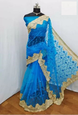 Zenomics Embroidered, Embellished Bollywood Net Saree(Light Blue)