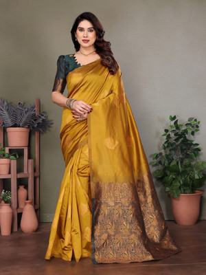JEEMONJA SALES Woven, Self Design Kanjivaram Pure Silk, Art Silk Saree(Mustard)