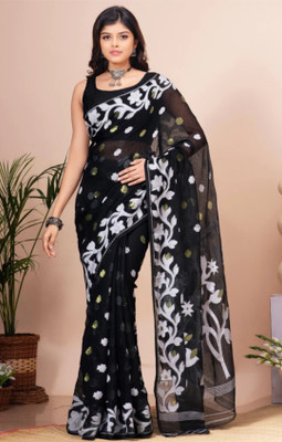 Revival Printed Jamdani Cotton Blend Saree(Black)