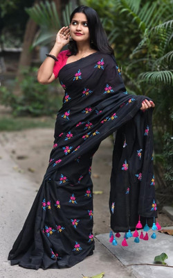 RashmoniTextile Embroidered Handloom Pure Cotton Saree(Black)