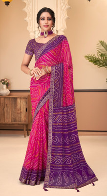REBOOT FASHIONS Printed Bandhani Chiffon Saree(Purple)