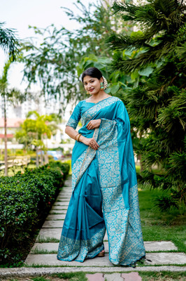 PeachPetals Woven Handloom Cotton Silk Saree(Blue)