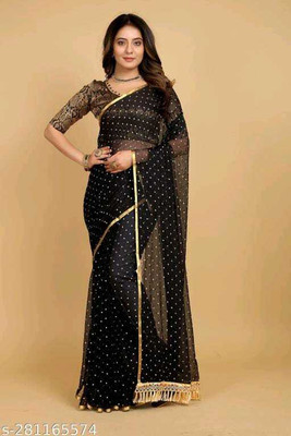 VINIT ENTERPRISE Polka Print Daily Wear Chiffon Saree(Black)