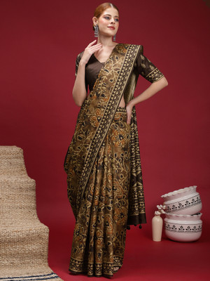 Sareemall Printed Hand Batik Silk Blend Saree(Brown)