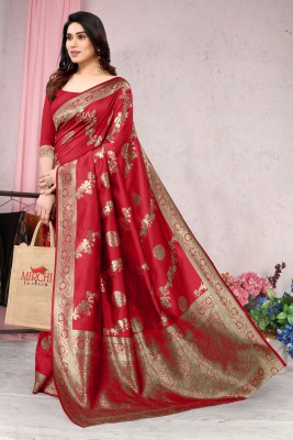 MIRCHI FASHION Woven, Embellished Banarasi Silk Blend Saree(Red, Gold)