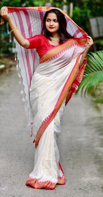 ANU INDIAN FASHION Striped, Woven Tant Cotton Blend Saree(White, Red, Gold)
