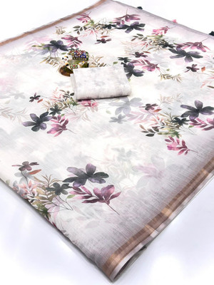 2SD gratitude Floral Print, Printed, Self Design, Digital Print Daily Wear Cotton Linen, Linen Saree(White)