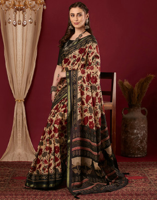 Divastri Floral Print, Color Block, Embellished Daily Wear Cotton Blend Saree(Brown, Black, Beige)