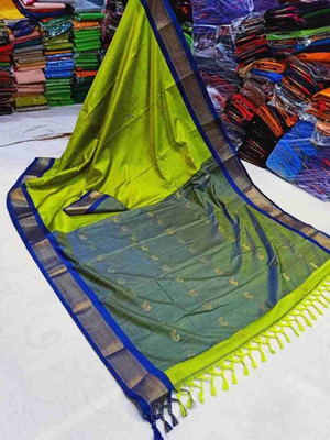 NST5 Woven Kanjivaram Cotton Silk, Organza Saree(Yellow)