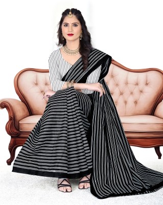 Padmavati Printed, Striped Daily Wear Cotton Blend Saree(Black)