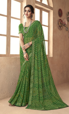 Sudarshana Geometric Print Bandhani Chiffon Saree(Green)