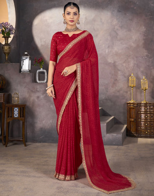 Samah Printed, Embroidered, Embellished Bollywood Georgette, Chiffon Saree(Red)
