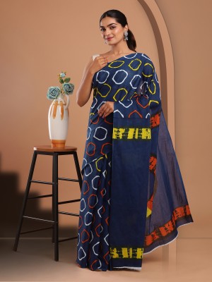 LOVWEAR Color Block, Blocked Printed, Floral Print, Hand Painted, Printed Ikkat Pure Cotton Saree(Blue)