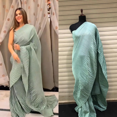 PRATYAMFASHION Self Design, Solid/Plain, Woven, Embellished Bollywood Satin Saree(Light Blue)