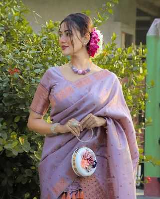 Krishna Creation Self Design Mekhela Chador Cotton Blend Saree(Magenta)