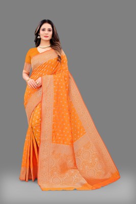 Maruti Art Floral Print Banarasi Pure Silk Saree(Orange)