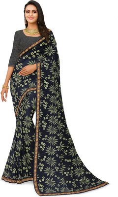 GSCMSTOREX Printed Daily Wear Silk Blend Saree(Dark Blue)